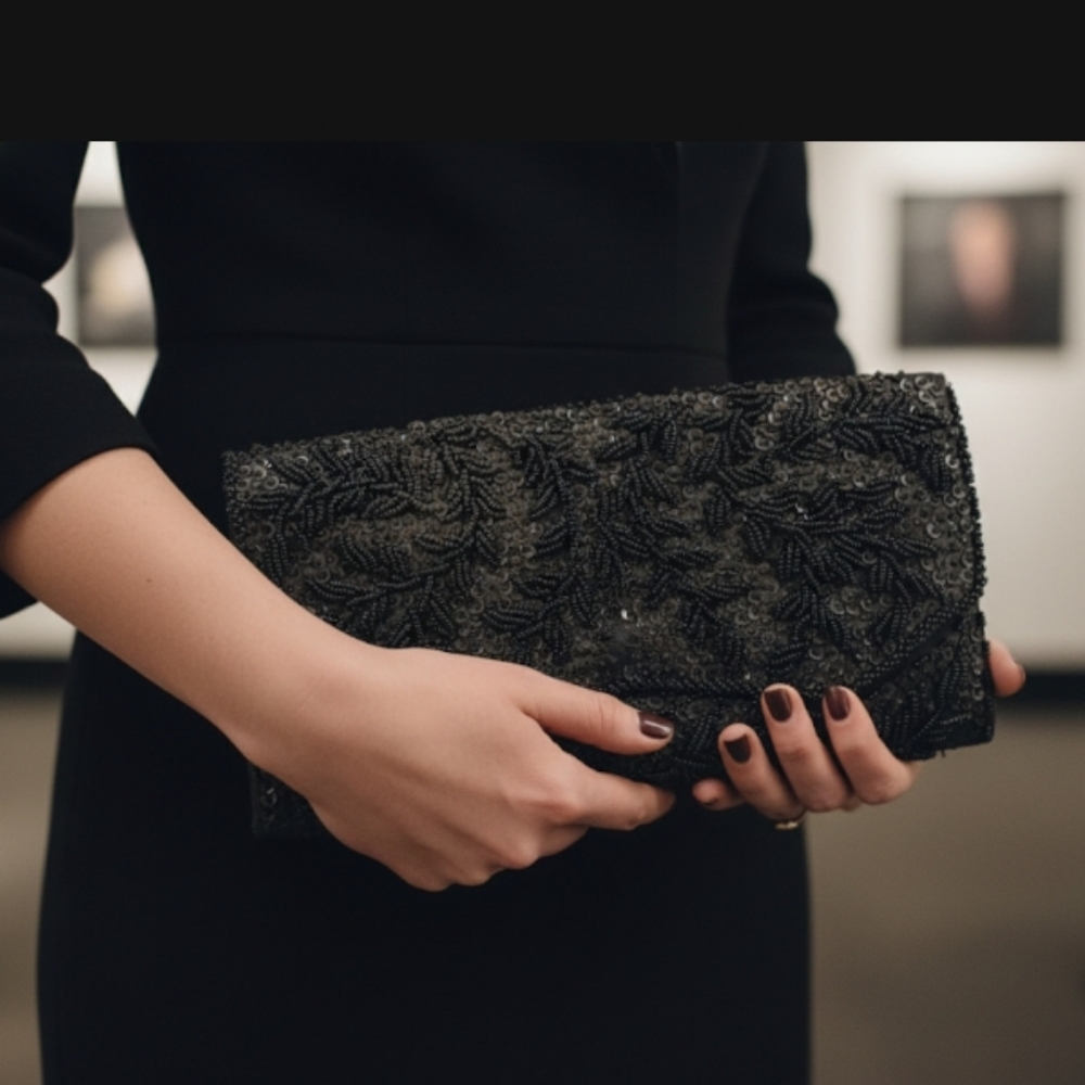 Vintage Handmade Black Beaded Sequin Clutch Bag